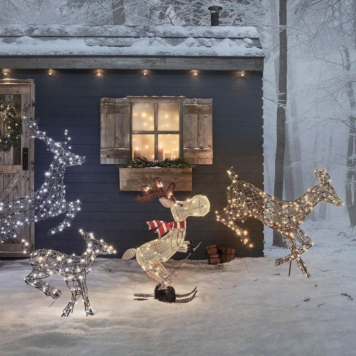 Alce Esquiador Iluminado com 50 LEDs Branco Quente – 86 cm