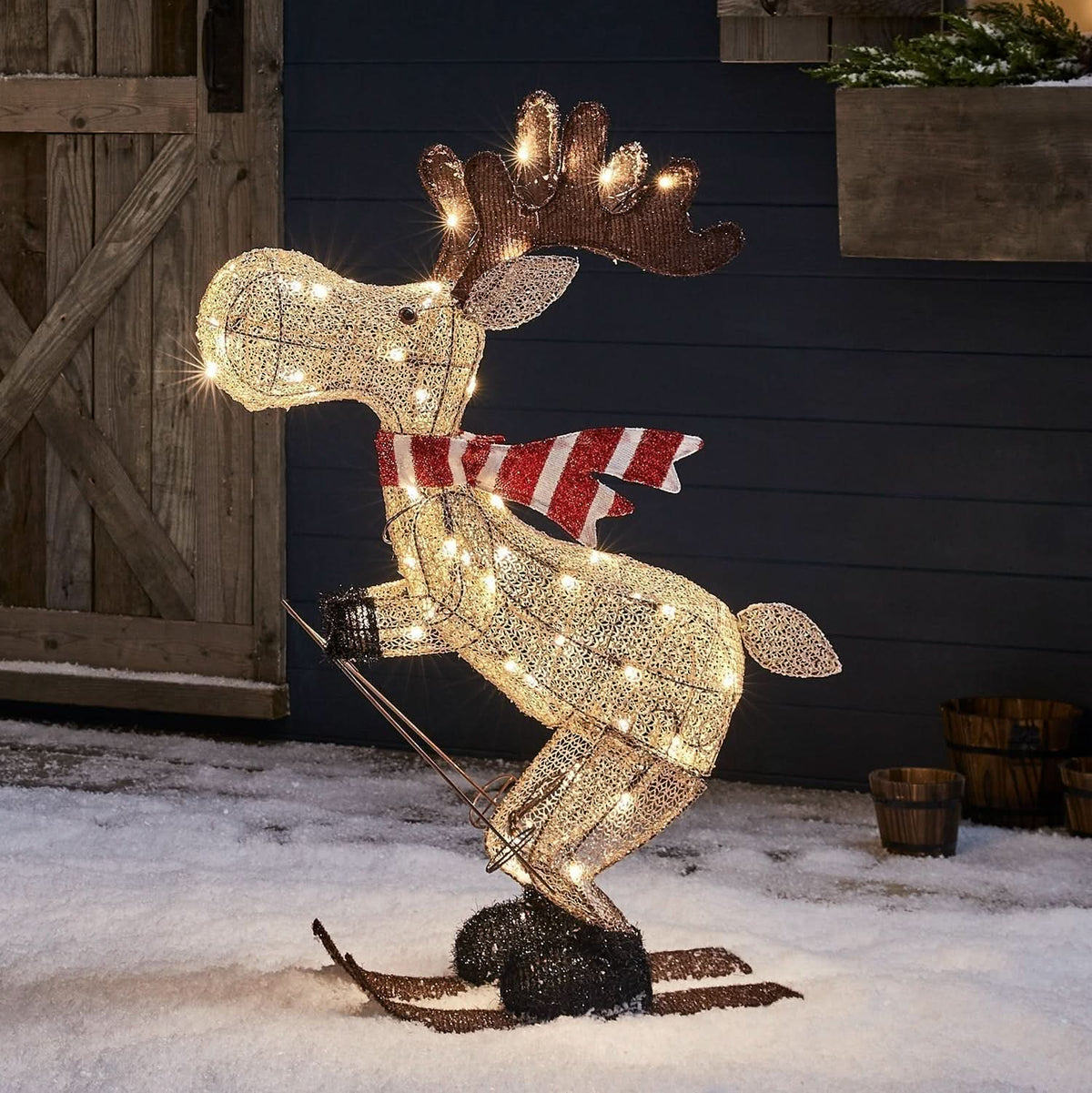 Alce Esquiador Iluminado com 50 LEDs Branco Quente – 86 cm